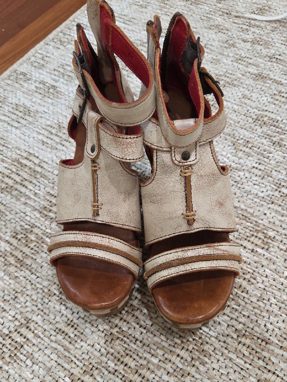 Bed Stu Neutral Leather Platform Sandals with Brown Footbed